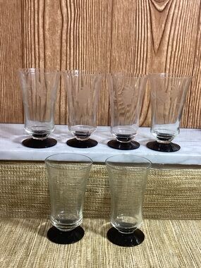 Vintage Etched Clear Glass Footed Cordial Glasses with Black Bases 6 holds 4 oz